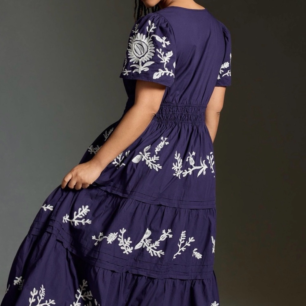 Anthropologie Navy Blue Maxi Dress with White Floral Embroidery